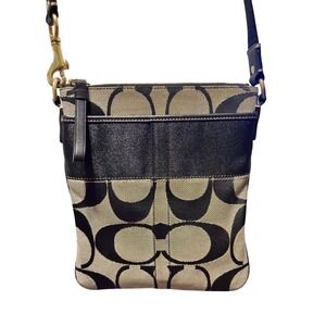 Coach Crossbody Bag Womens Small Black Grey Excellent Signature Monogram Canvas